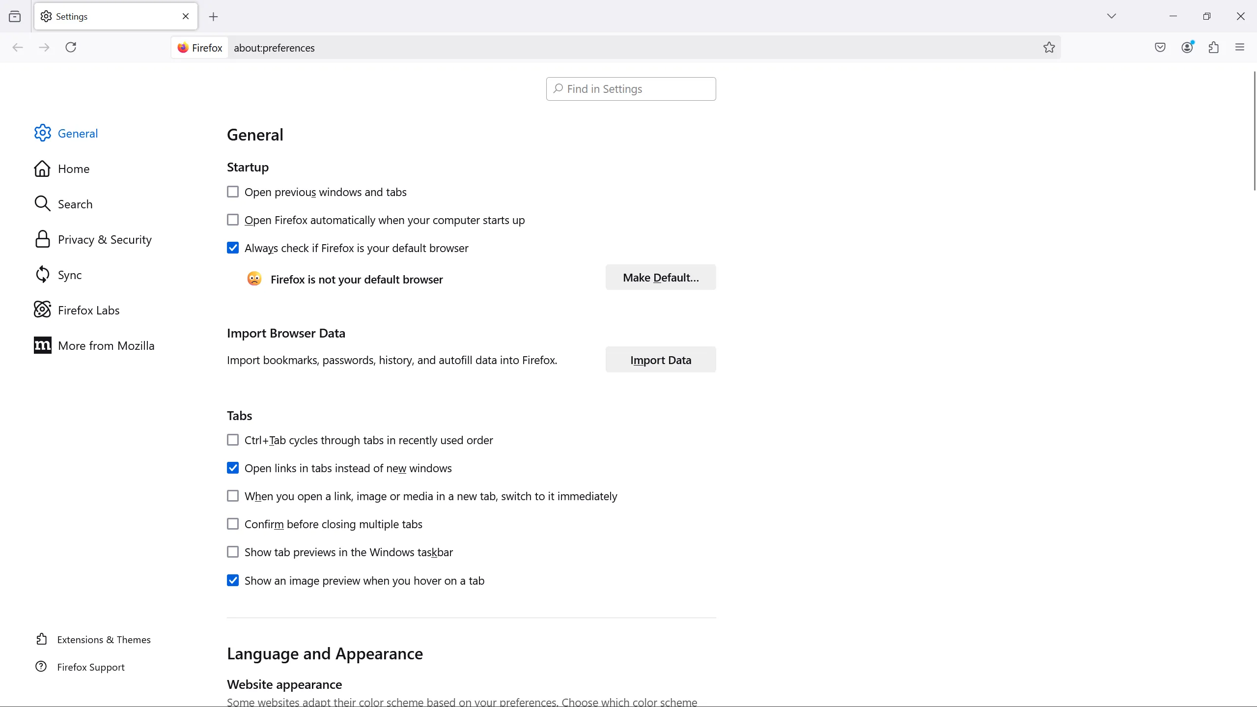 Preference and options page