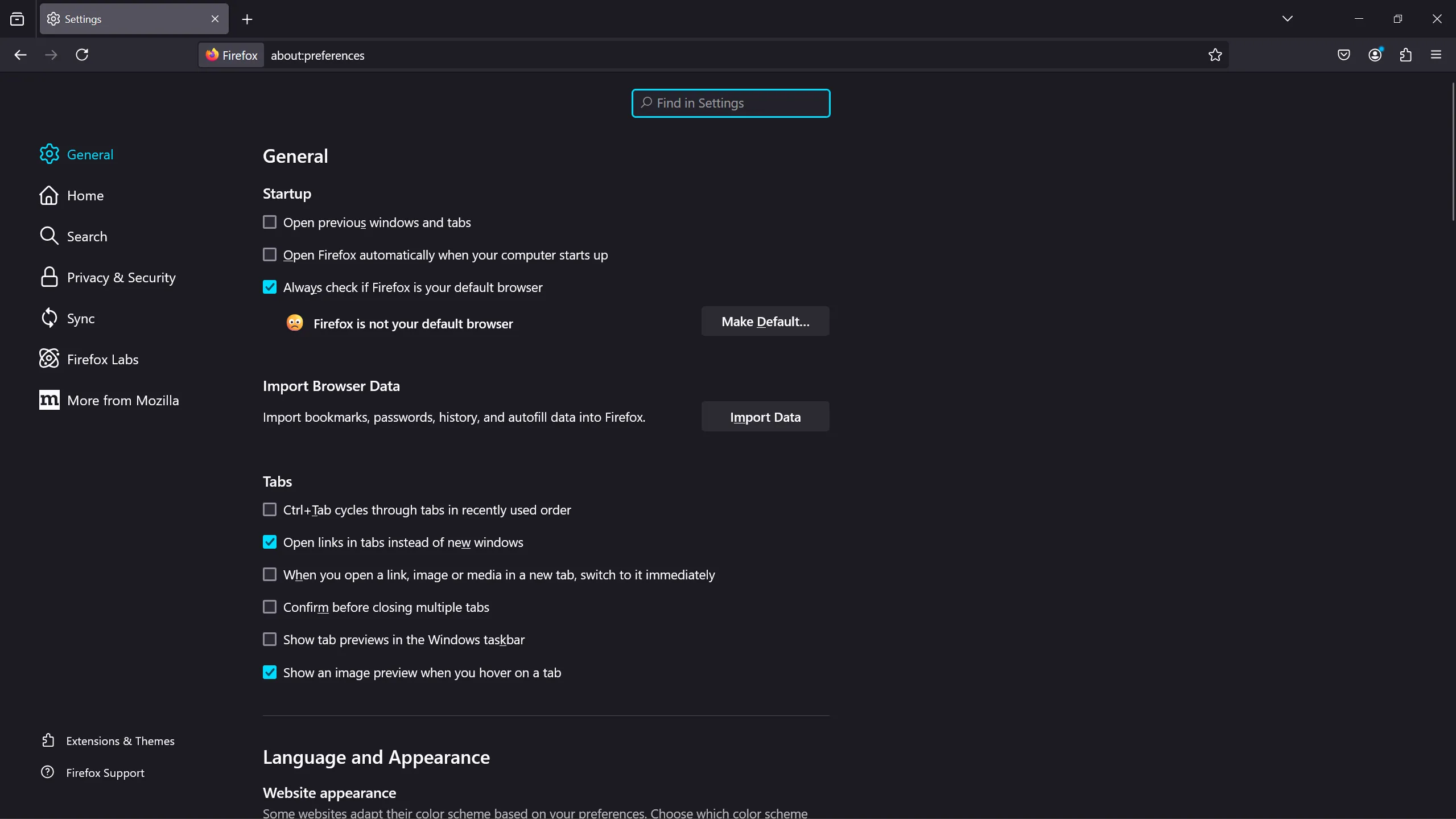 Preference and options page